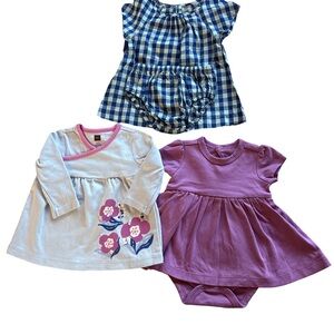 3 Cotton Dresses, 2 Primary and 1 Tea in Blue Checkered, Blue  Floral, & Purple